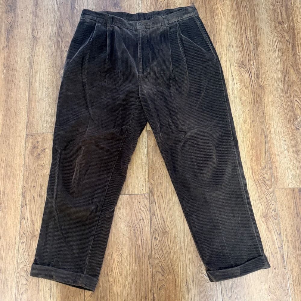 Jos‎ A Bank Mens 40x30 Brown Corduroy Pants Pleated Cuffed Cotton Trousers